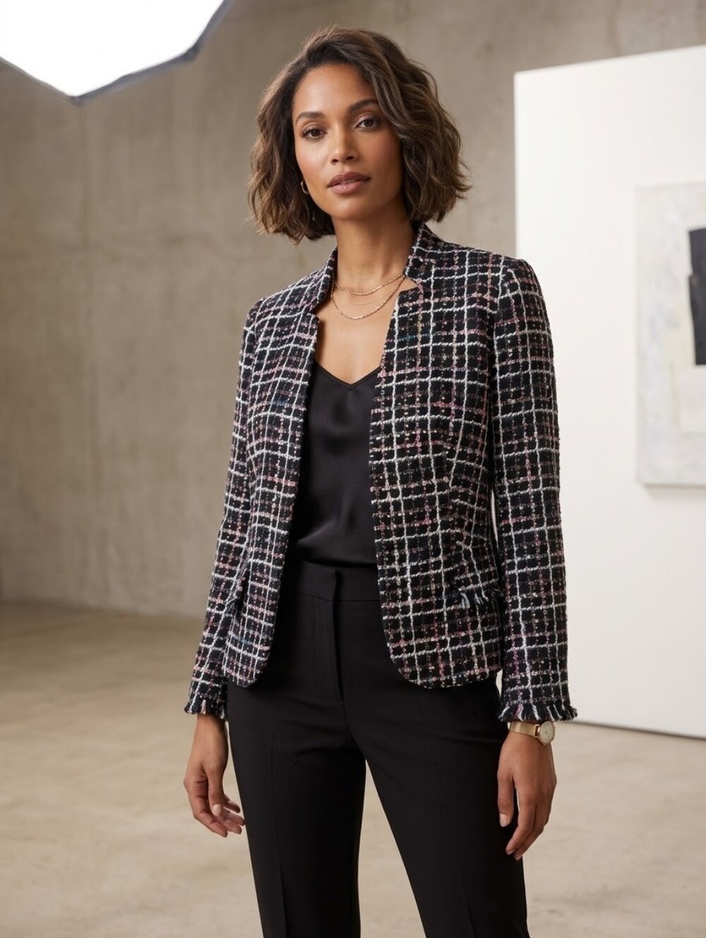 Anne Klein Classic Black Tweed Open-Front Women's Jacket